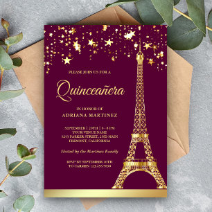 Convites Confetes de Estrelas Torre Eiffel Dourada Quincean