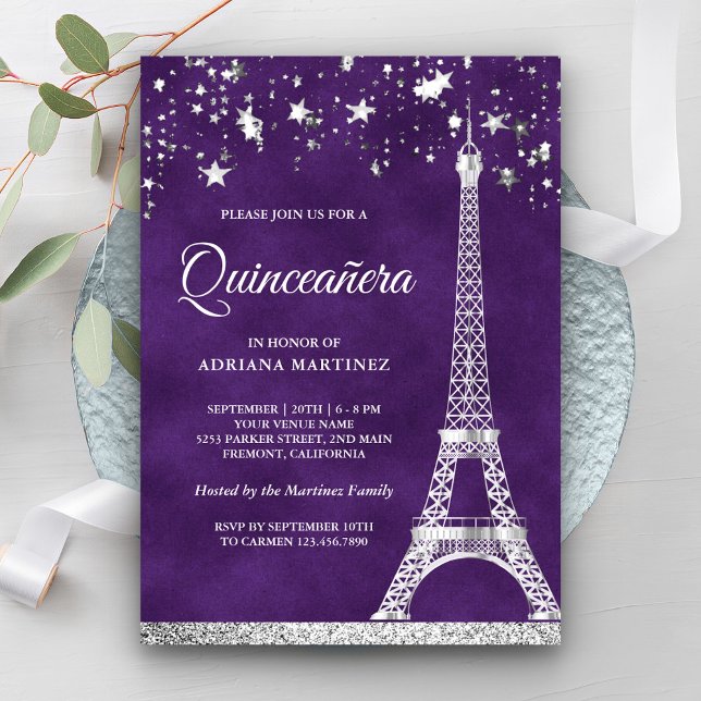 Convites Confetes de Estrelas Torre Eiffel Prata Quinceaner (Criador carregado)