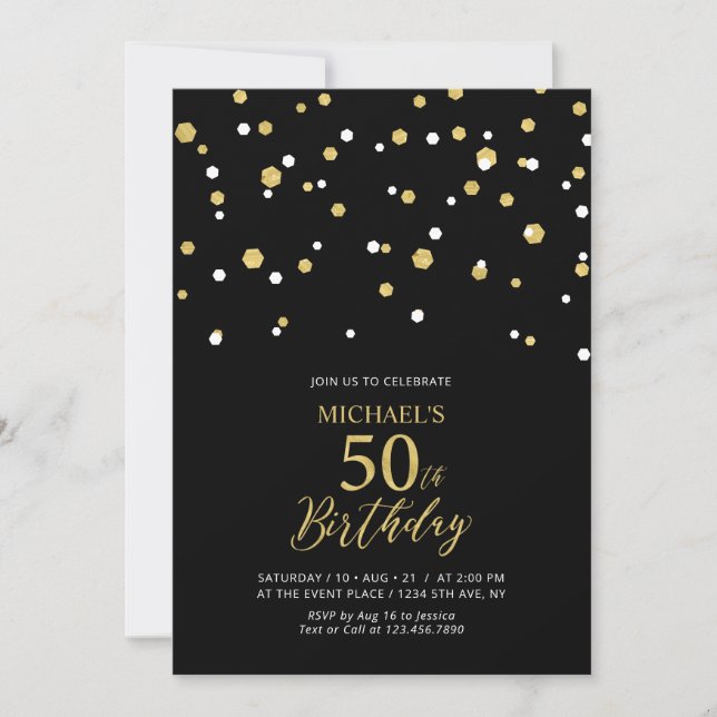 Convites Confetes de Hexágono Preto e Dourado Aniversário d (Frente)