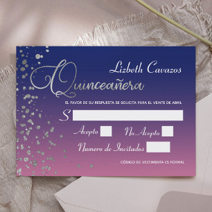 Convites Confetes de prata roxos azuis Quinceanera RSVP de