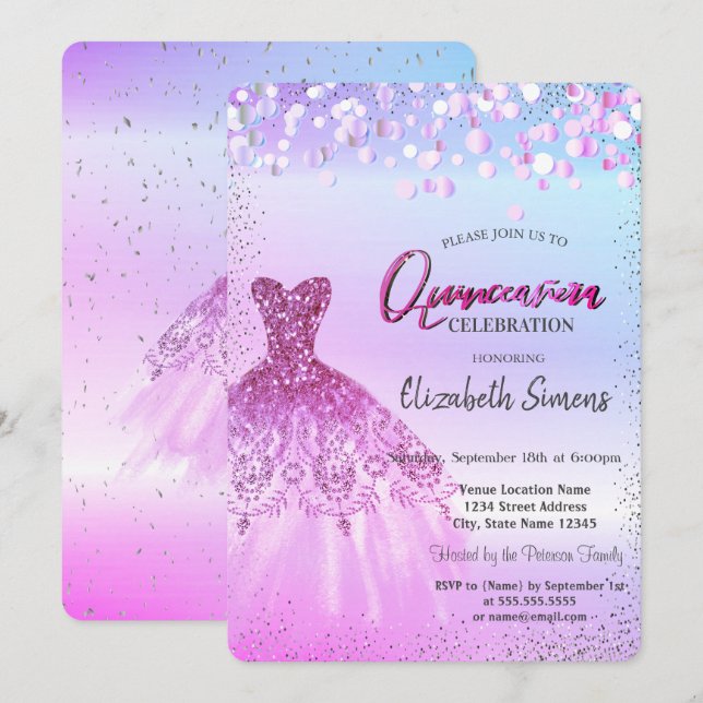 Convites Confetes de Violet Cool, Vestido Quinceañera (Frente/Verso)