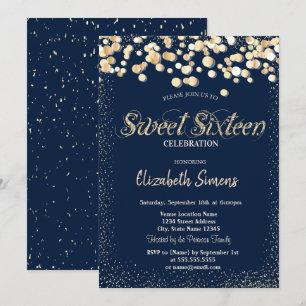 Convites Confetes Dourados Pontos Azul Marinho Sweet 16