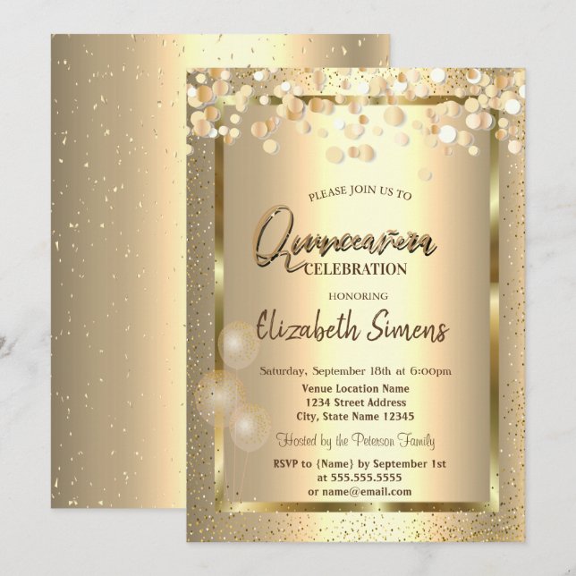 Convites Confetes Dourados Pontos Quadro Balões Quinceañera (Frente/Verso)