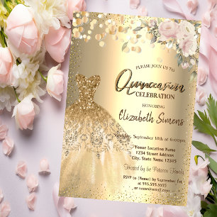 Convites Confetes Dourados Pontos,Vestido,Rosas Quinceañera