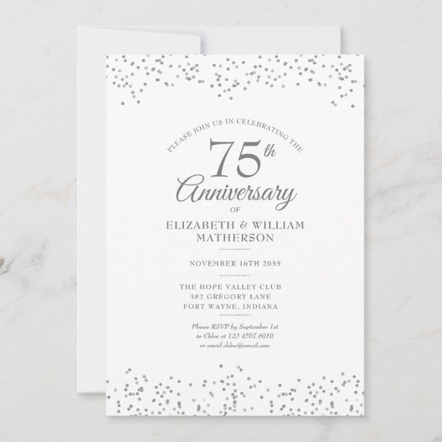 Convites Confetes Elegantes de 75º Aniversário de Casamento (Frente)