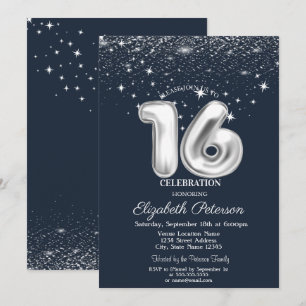 Convites Confetes Elegantes Estrelas Azul-Marinho Sweet 16