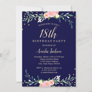 Convites Confetes Navy Sweet Floral Sparkle Aniversário de