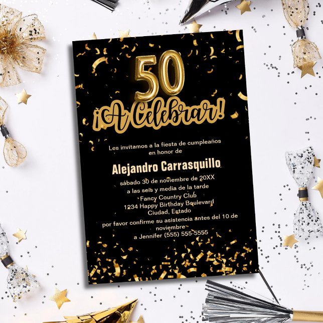 Convites Confetes Preto e Dourado Elegância Espanhola Anive (Criador carregado)