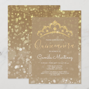 Convites Confetes Sparkly Dourados Quinceanera com tiara