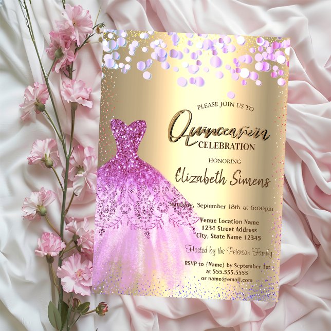 Convites Confetes violetas, vestido chic Quinceañera (Criador carregado)