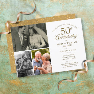 Convites Confeti de Coração Dourado de Aniversário de 50 an