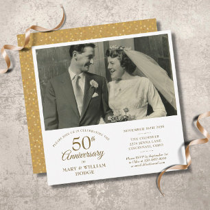 Convites Confeti de Coração Dourado Foto Casamento 50º Aniv
