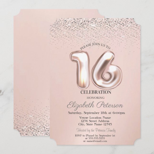 Convites Confeti Elegante e Moderno Sweet 16 (Frente/Verso)