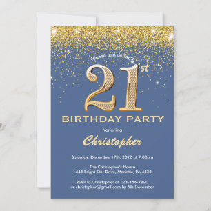 Convites Confetti Azul-aniversário de 21 anos e Glitter Dou