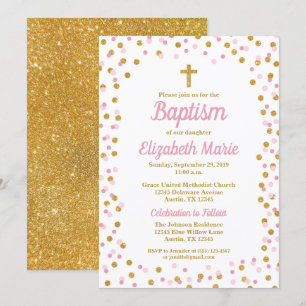 Convites Confetti Baptismo, Rosa e Dourada,