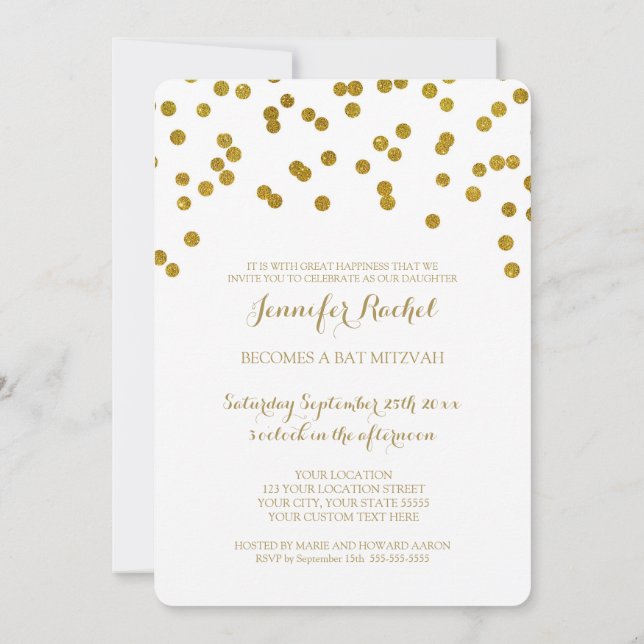 Convites Confetti Bat Mitzvah Dourado (Verso)
