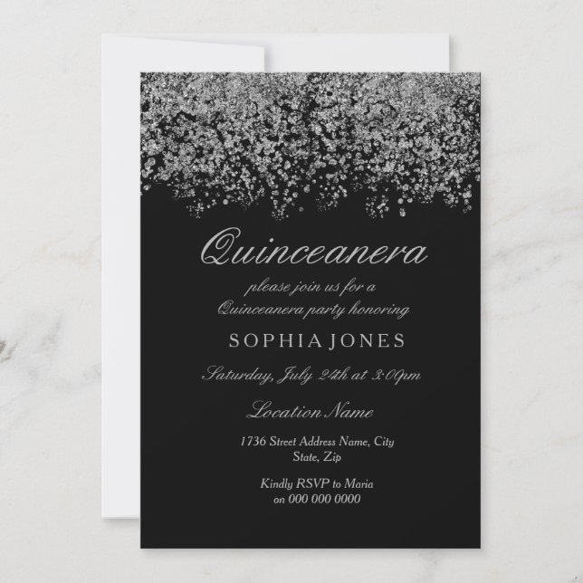 Convites Confetti Black Quinceanera Confetti Glitter Silver (Frente)