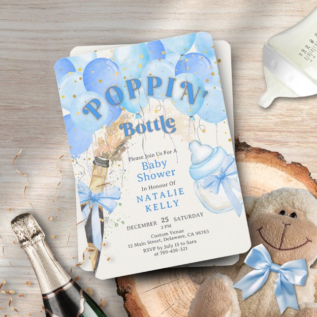Convites Confetti Blue Balloon Poppin' Botles Chá de fralda (Confetti Blue Balloon Poppin' Bottles Baby Shower Invitation )
