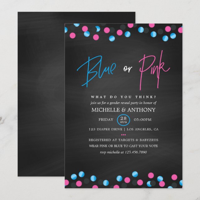Convites Confetti Chalkboard Blue ou Pink (Frente/Verso)