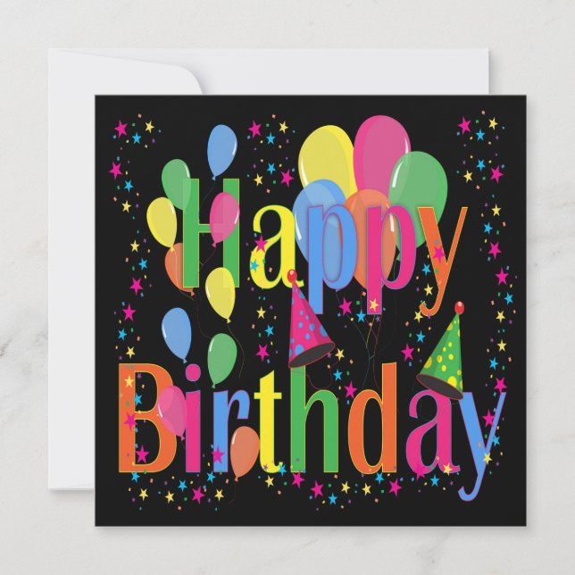 Convites Confetti, Chapéus do Partido e Balões - Fundo Negr (Frente)