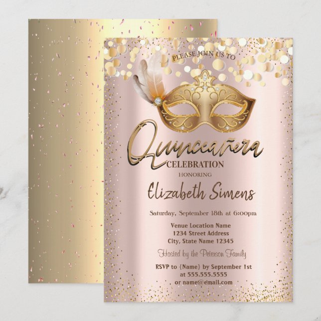 Convites Confetti Chic Masque Rosa Dourado Quinceañera (Frente/Verso)