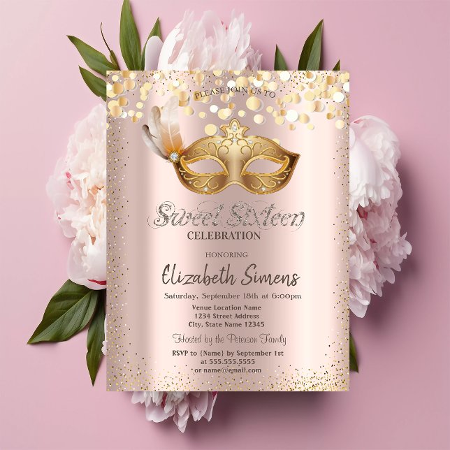 Convites Confetti Chic Masque Rosa Dourado Sweet 16 (Criador carregado)