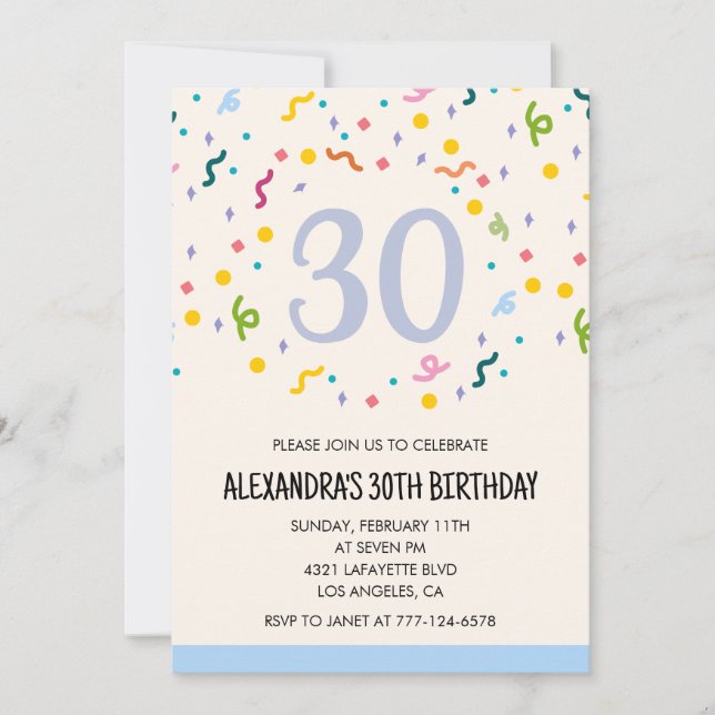 Convites Confetti de aniversário de 30 anos modernos (Frente)