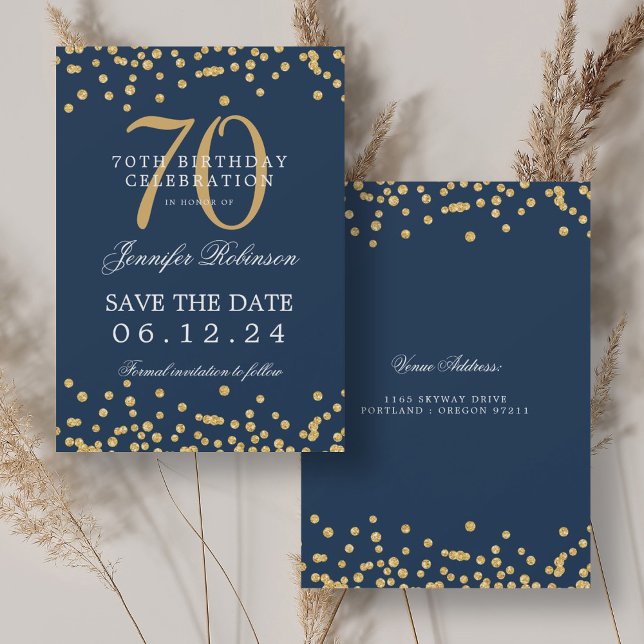 Convites Confetti de Data de Salvamento do 70 Azul do Marin (Gold Navy Blue 70th Birthday Save Date Confetti Invitation)