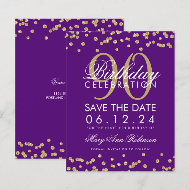 Convites Confetti de Data de Salvamento do 90 Roxo Dourado (Frente/Verso)