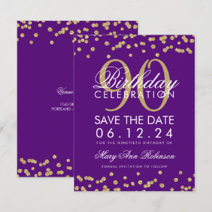Convites Confetti de Data de Salvamento do 90 Roxo Dourado