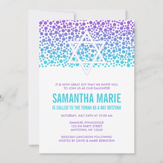 Convites Confetti Dots Purple Teal Bat Mitzvah (Frente)