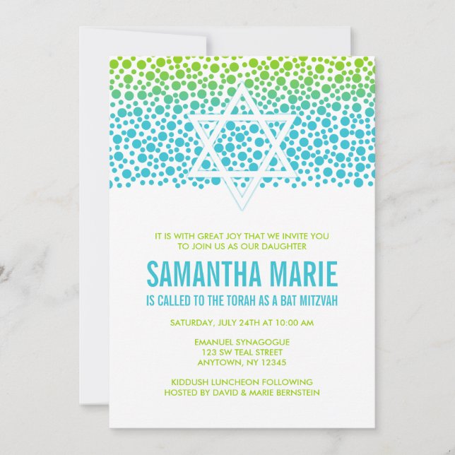 Convites Confetti Dots Teal Verde limão Bat Mitzvah (Frente)