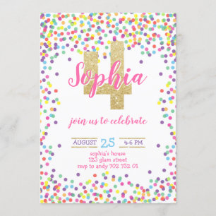 Convites Confetti Dourada Garota Brilhante Colorido 4º Ani