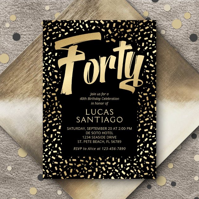 Convites Confetti Dourado aniversário de 40 anos preto (Criador carregado)