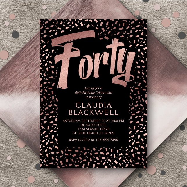 Convites Confetti Dourado aniversário de 40 anos Rosa (Criador carregado)