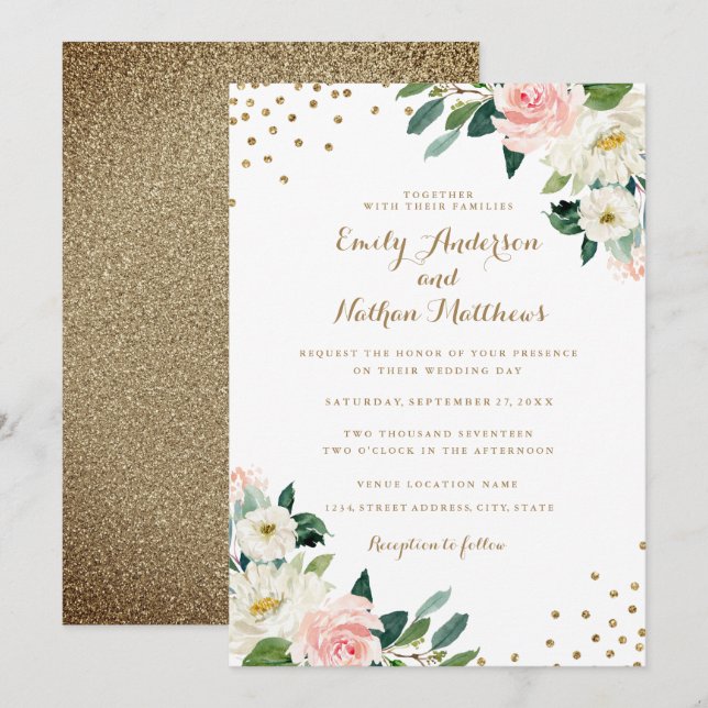 Convites Confetti Dourado Blush Floral Weditation (Frente/Verso)