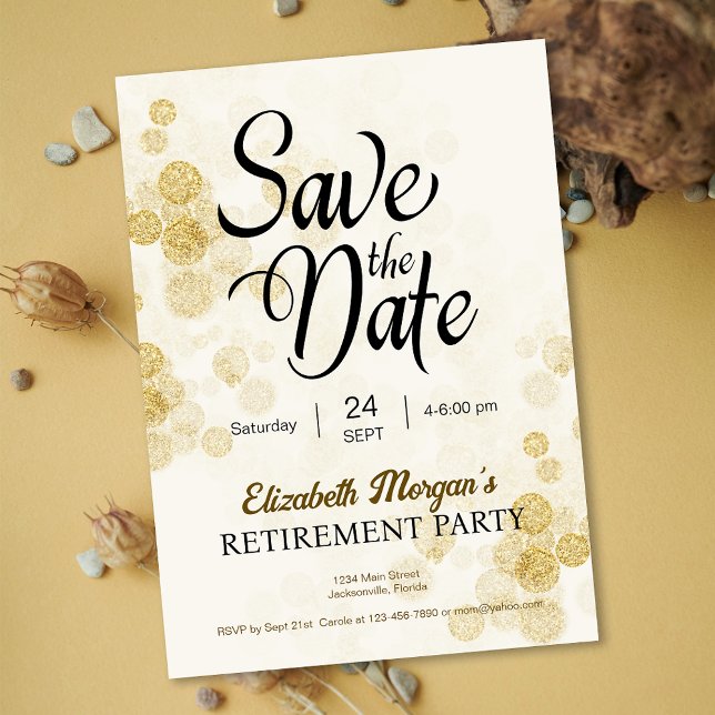 Convites Confetti Dourado da Parte de Aposentação Salvar Da (Retirement Party Gold Confetti Save the Date Invitation)