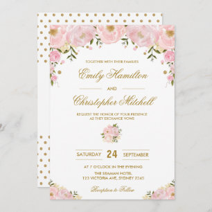Convites Confetti Dourado de Casamento Floral Rosa-Rosa