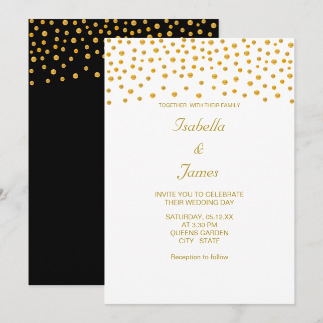 Convites Confetti Dourado Elegante em Preto e Branco (Frente/Verso)