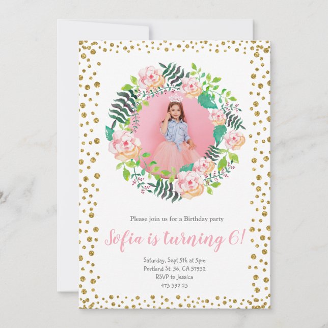 Convites Confetti Dourado Floral Rosa Rosa | Aniversário da (Frente)