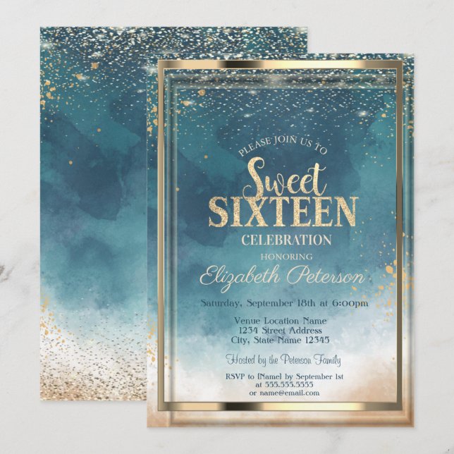 Convites Confetti Dourado Frame Watercolor Splash Sweet 16 (Frente/Verso)