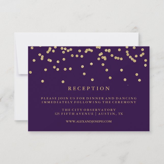 Convites Confetti Dourado Glam Faux e Recepção Roxo Profund (Frente)