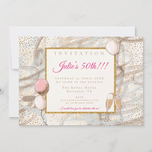 Convites Confetti Flutes Balões Glamorous, 50º partido Dour (Frente)