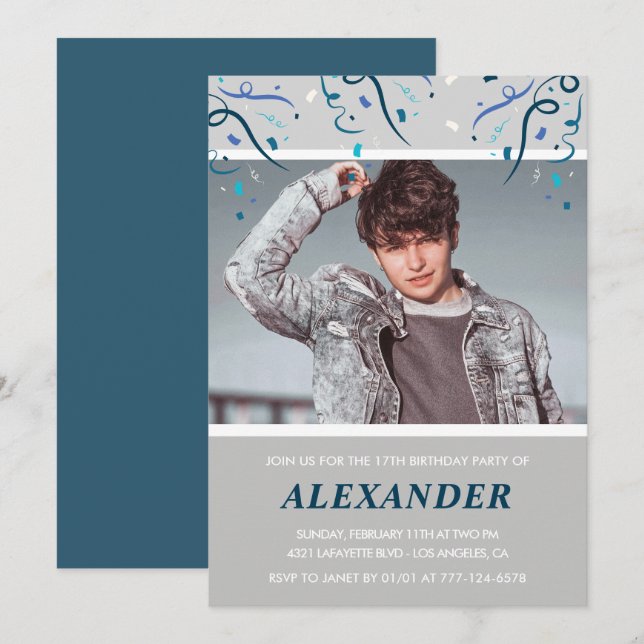 Convites Confetti Foto Azul Confetti (Frente/Verso)