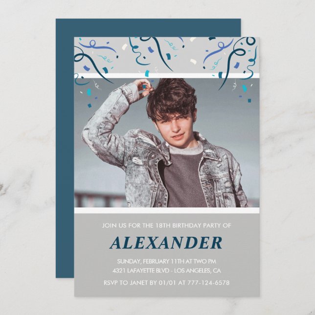 Convites Confetti Foto Azul Confetti (Frente/Verso)