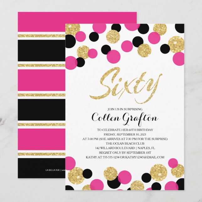 Convites Confetti Glitter Espumante | 60º aniversário (Frente/Verso)