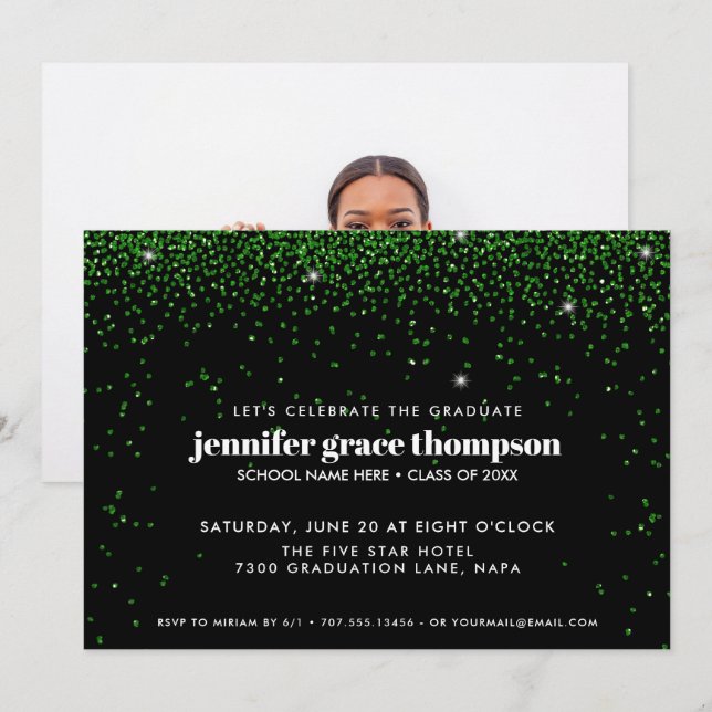 Convites Confetti Glitter Green Black Photo Formando Party (Frente/Verso)