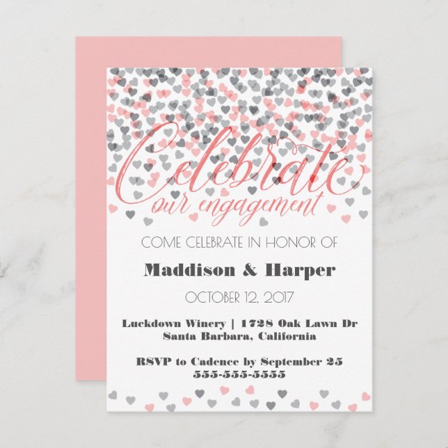 Convites Confetti Hearts Noivado Invitation (Frente/Verso)