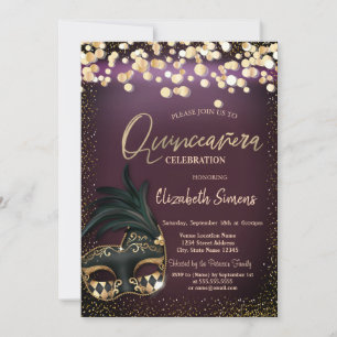 Convites Confetti Masque Burgundy Quinceañera Dourada