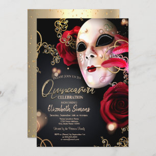 Convites Confetti Masque Rosas vermelhas Quinceañera Dourad
